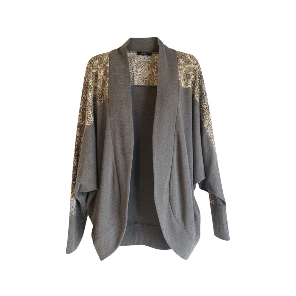 Doe & Rae Women’s Boho Gray Cardigan with Metallic Gold shoulder size Medium